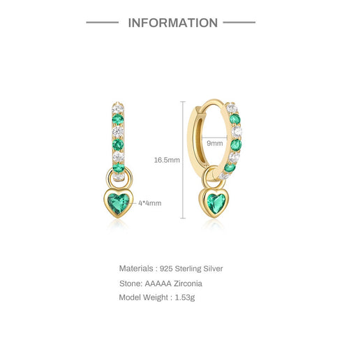 Heart Hoop Earrings with Zircon – Pink, Green, or Rose Red - Zafari Studio Jewelry